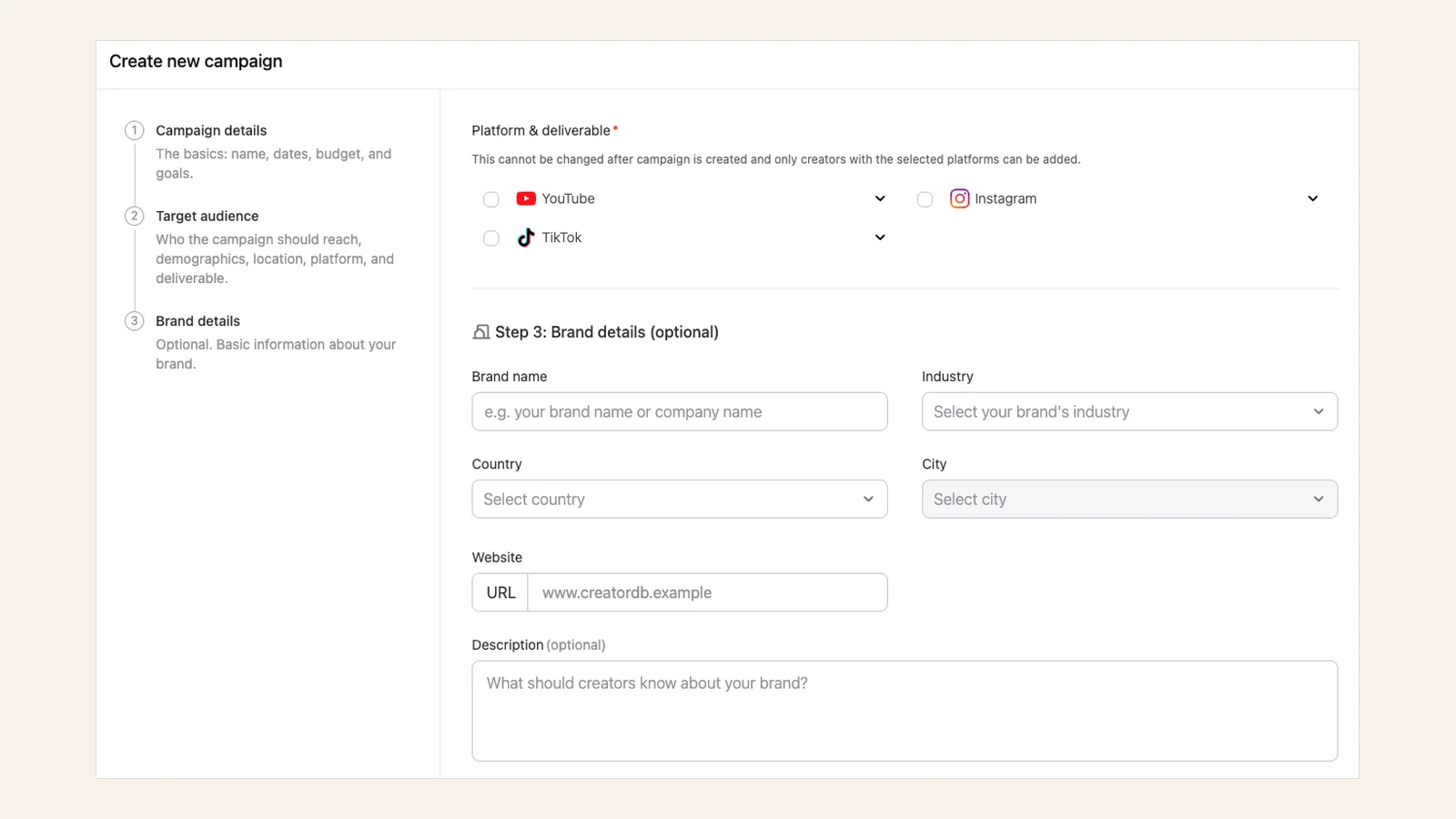 The new CreatorDB campaign brief layout, showing platform and deliverable selection alongside optional brand details
