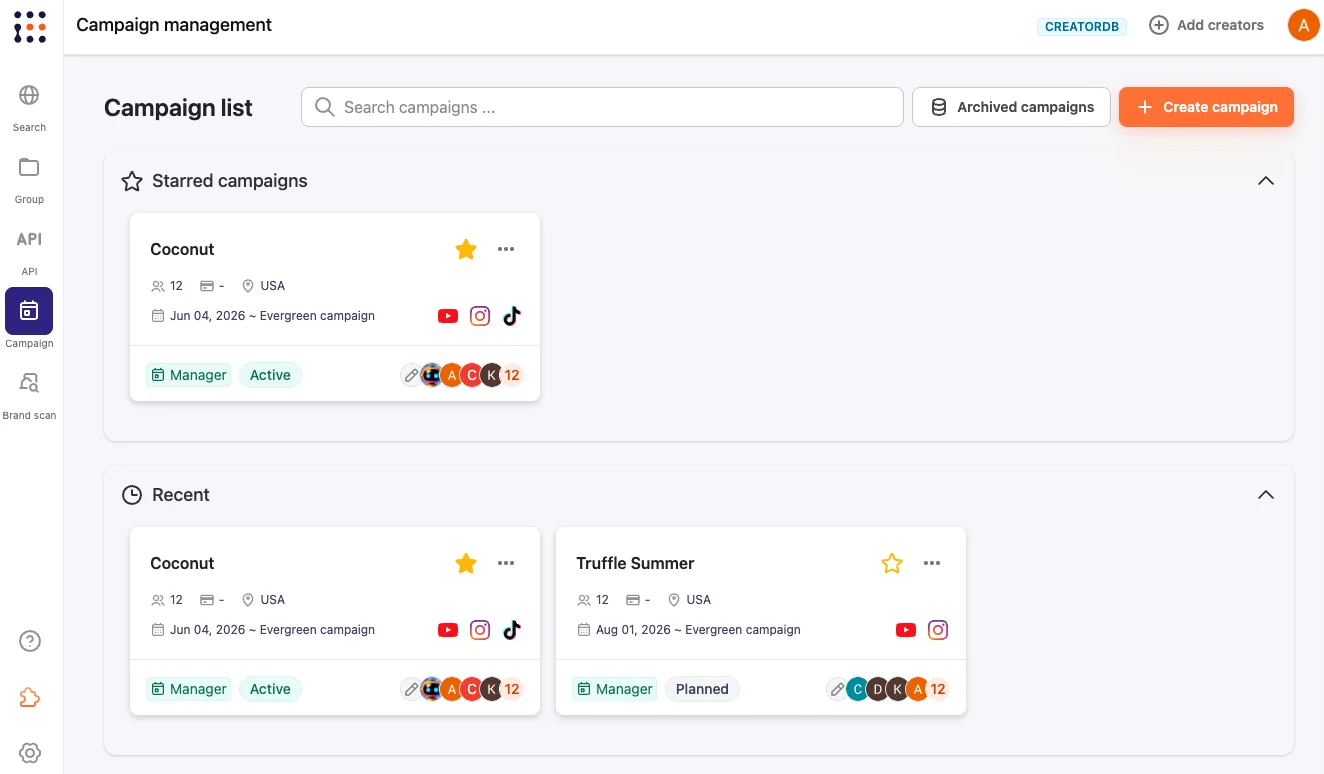The CreatorDB Campaign Management dashboard showing a campaign list with starred and recent campaigns