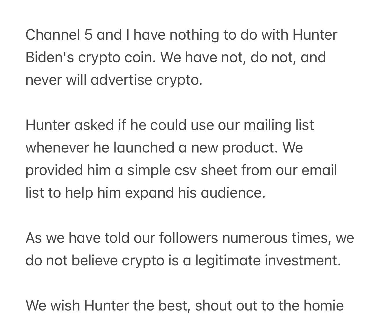 Screenshot of the Channel 5 statement posted to X on September 7, 2026, ending with shout out to the homie