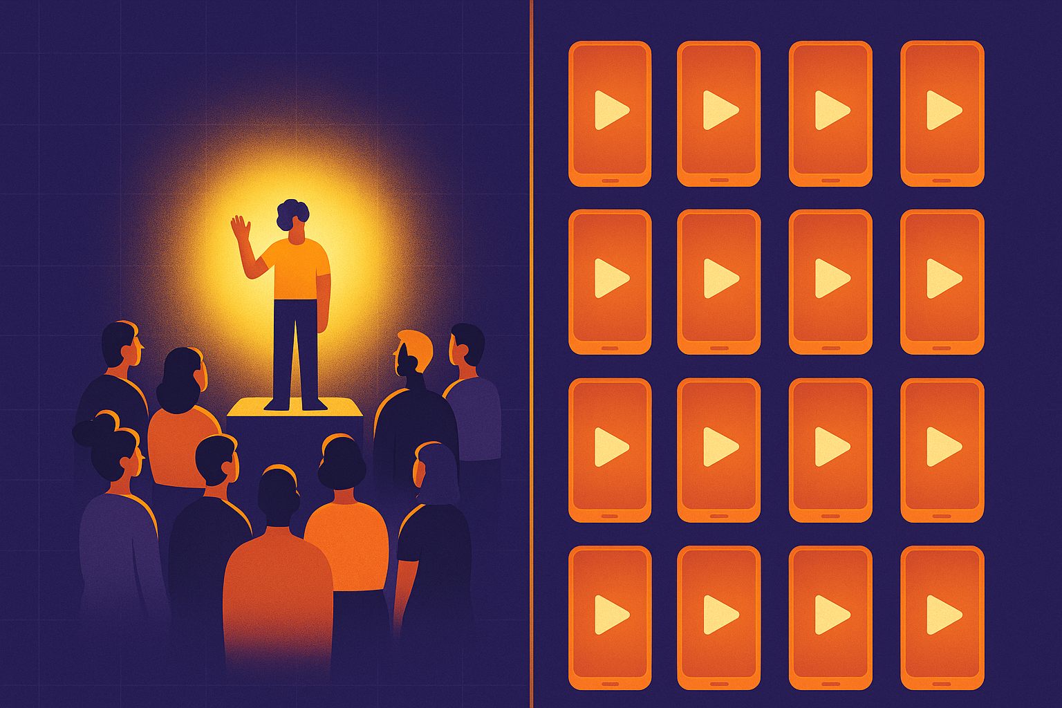 Split illustration contrasting a real audience gathered around a creator with a uniform grid of identical paid clip screens