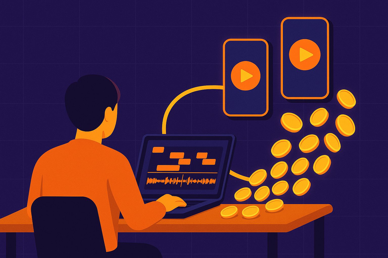 Illustration of a clipper at a laptop cutting a stream timeline into phone clips that pay out in coins