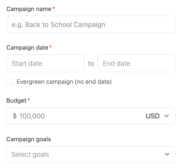 The guided campaign setup flow in CreatorDB with fields for campaign name, timeline, goals, and budget