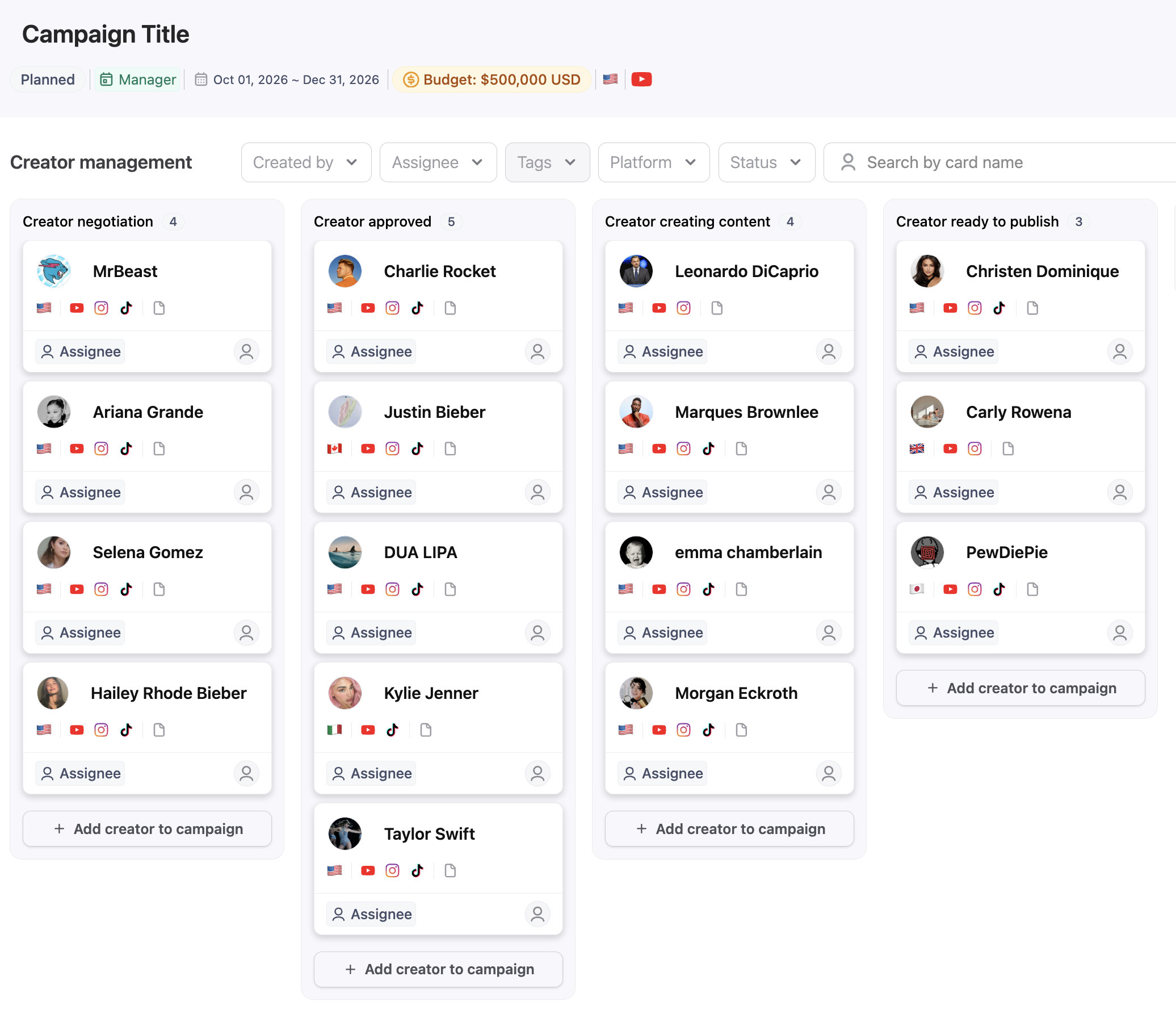 A campaign creator roster in CreatorDB showing each creator's status and deliverables