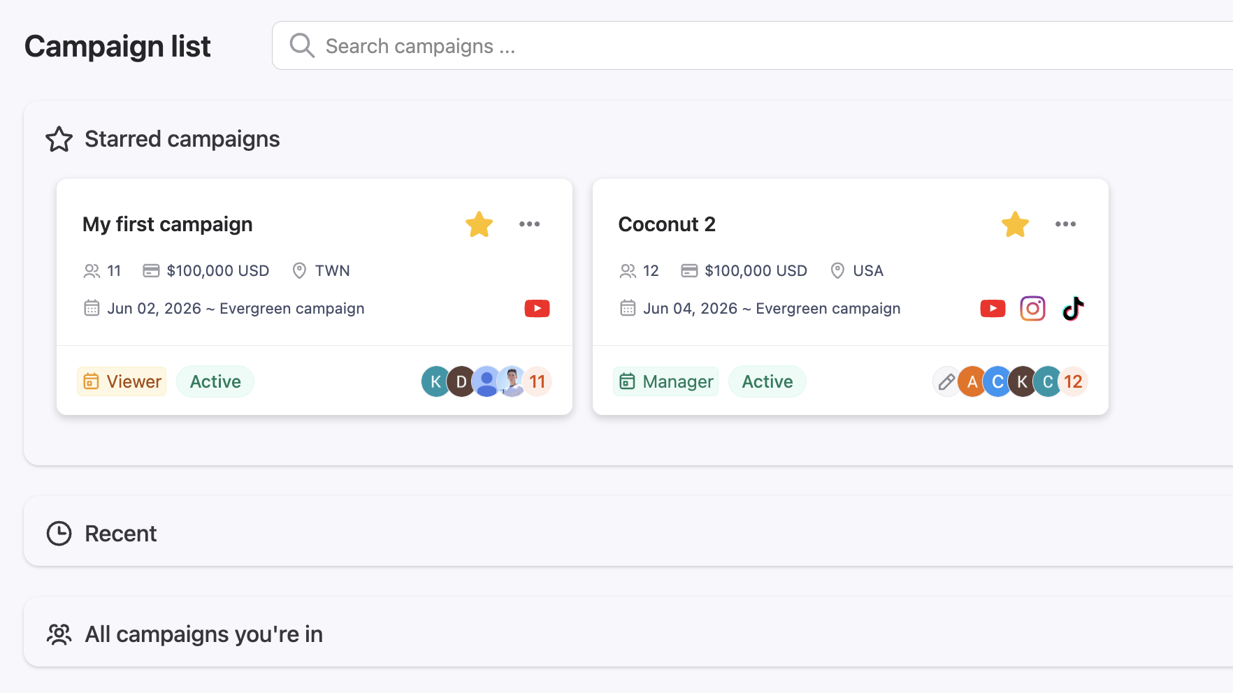 The Campaign Management dashboard in CreatorDB showing active, draft, and completed creator campaigns in one view