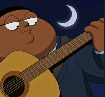 Cleveland Jr. from The Cleveland Show playing guitar, the character paired with the hook in the most viral edits