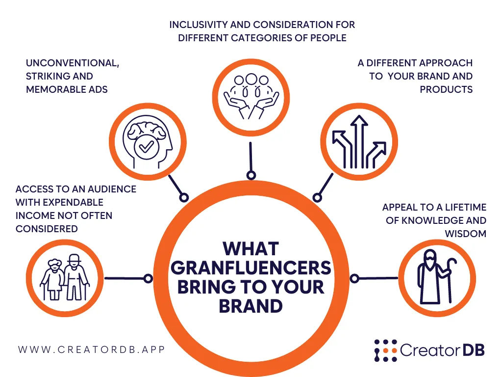 Infographic extrapolating concise information from the examples of grandfluencer collaborations talked under the header Examples of Granfluencer collaborations.
