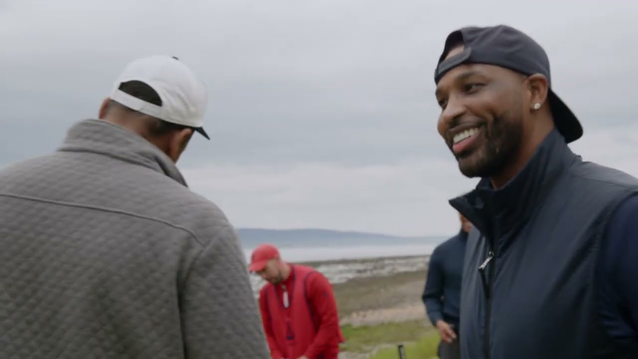 Tristan Thompson laughing with teammates on the course during episode one of LeBron James's golf channel