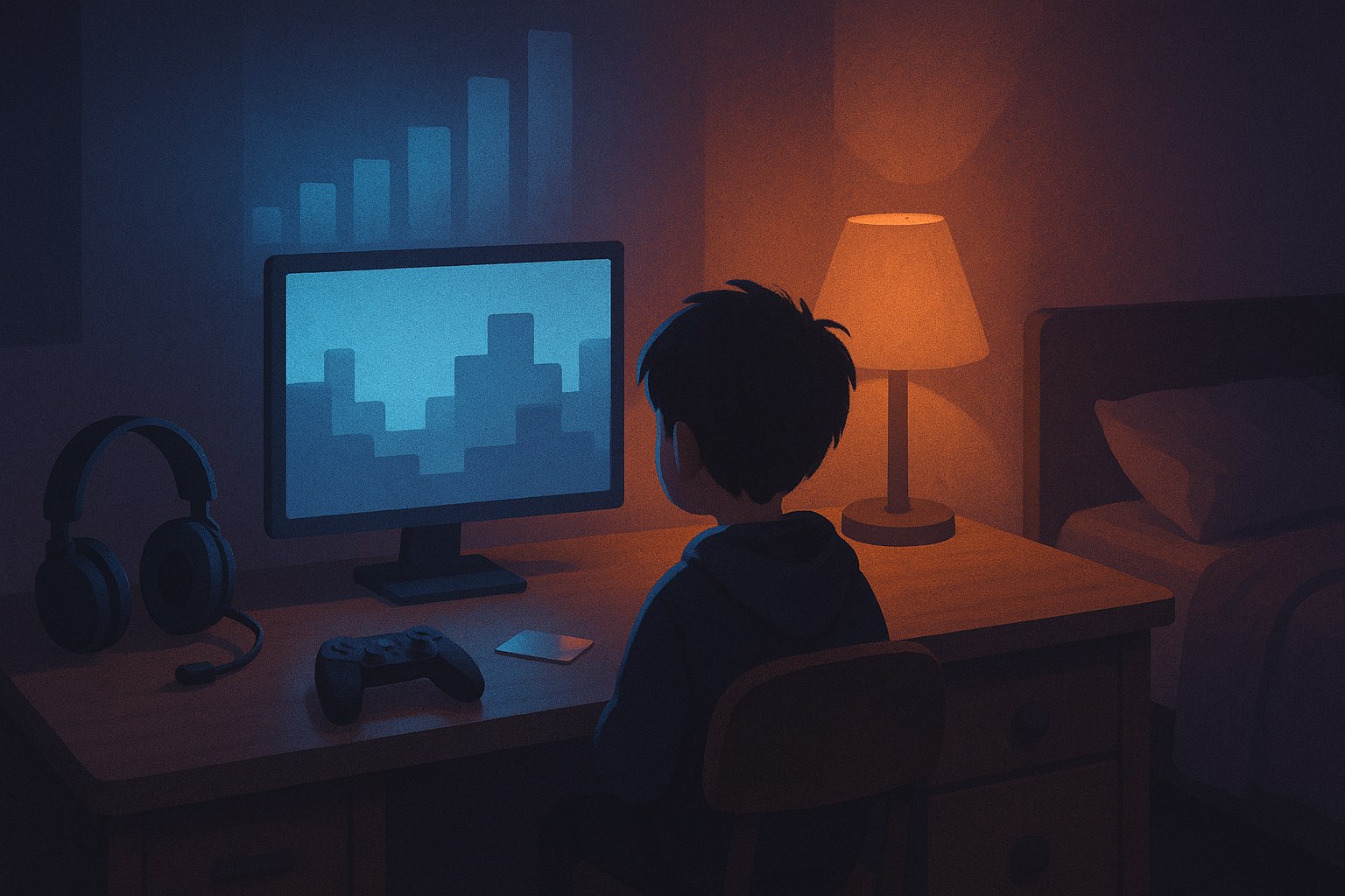 Illustration of a child at a bedroom desk at night, a game controller and a credit card lying beside the keyboard, blocky game light on the monitor