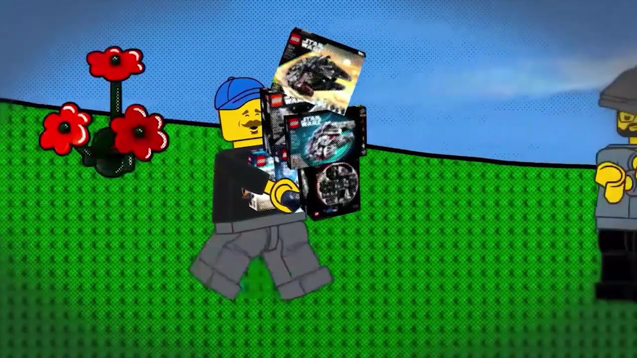 Original Lego-style 2D animation from Reckless Ben's July 2026 video, a minifig carrying Star Wars sets