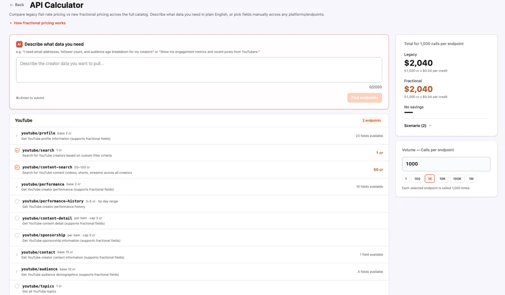 API Credits Calculator comparing legacy and fractional pricing per endpoint