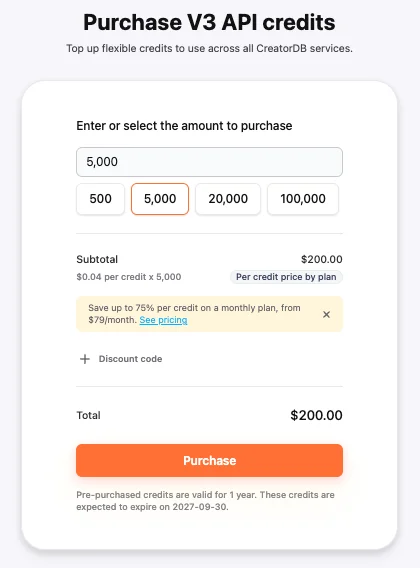 Purchase V3 API credits directly from the API dashboard