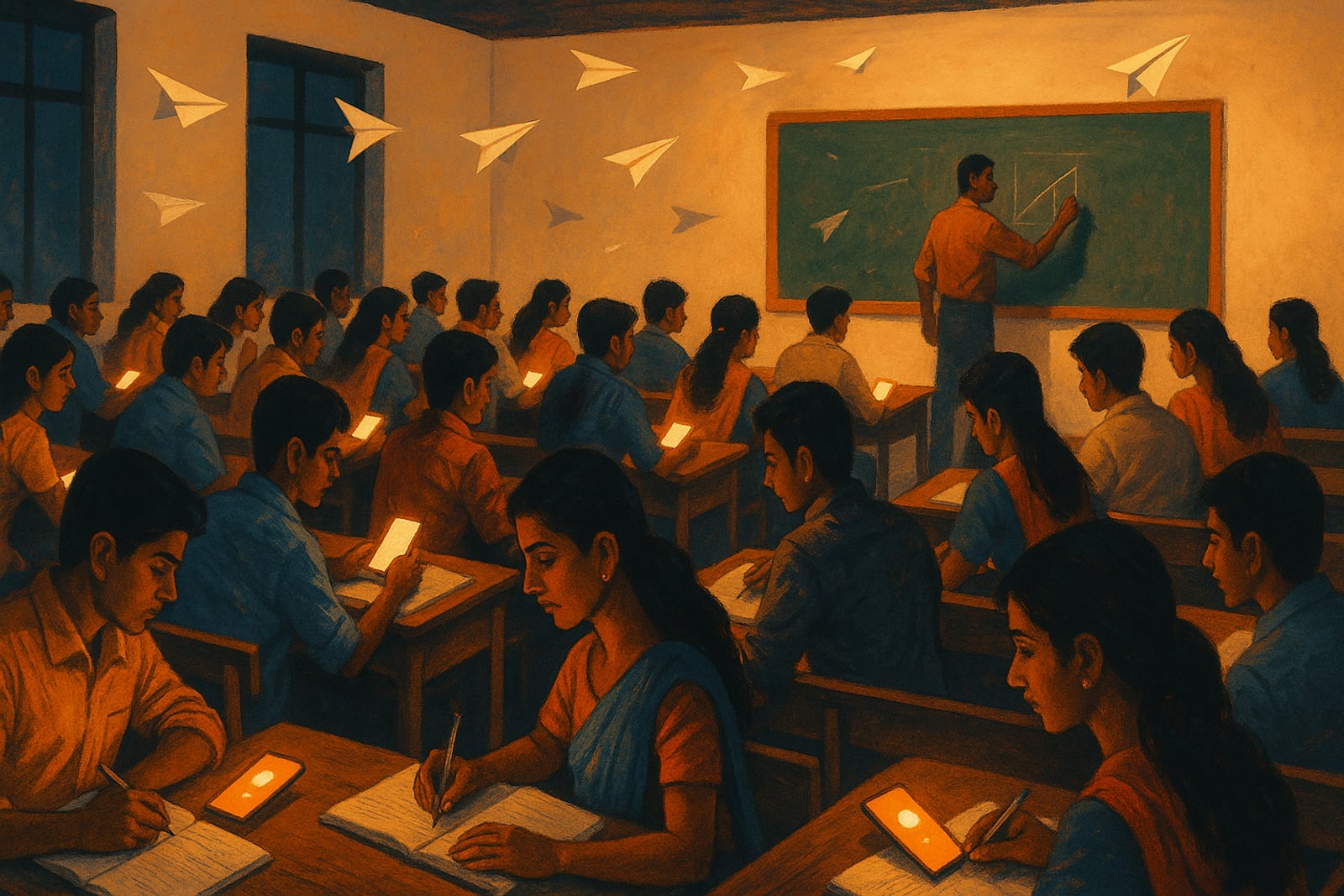 Illustration of a packed Indian coaching classroom at night, every phone on the desks glowing with the same notification, paper planes drifting above the rows
