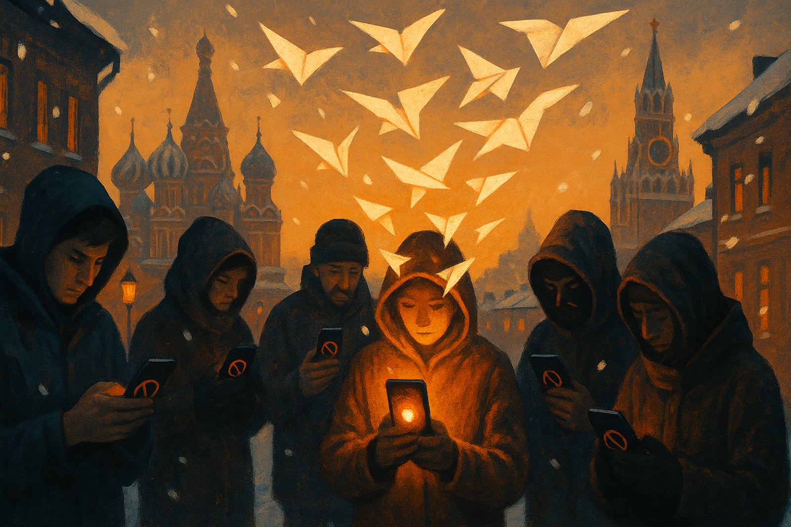 Illustration of a snowy Moscow street at dusk where people look at phones showing a no-signal glyph, while one phone glows with paper planes escaping over the rooftops
