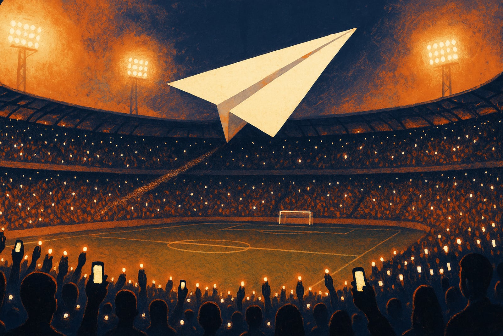 Illustration of a football stadium at night seen from the stands, a sea of raised glowing phones and a single giant paper plane arcing over the pitch