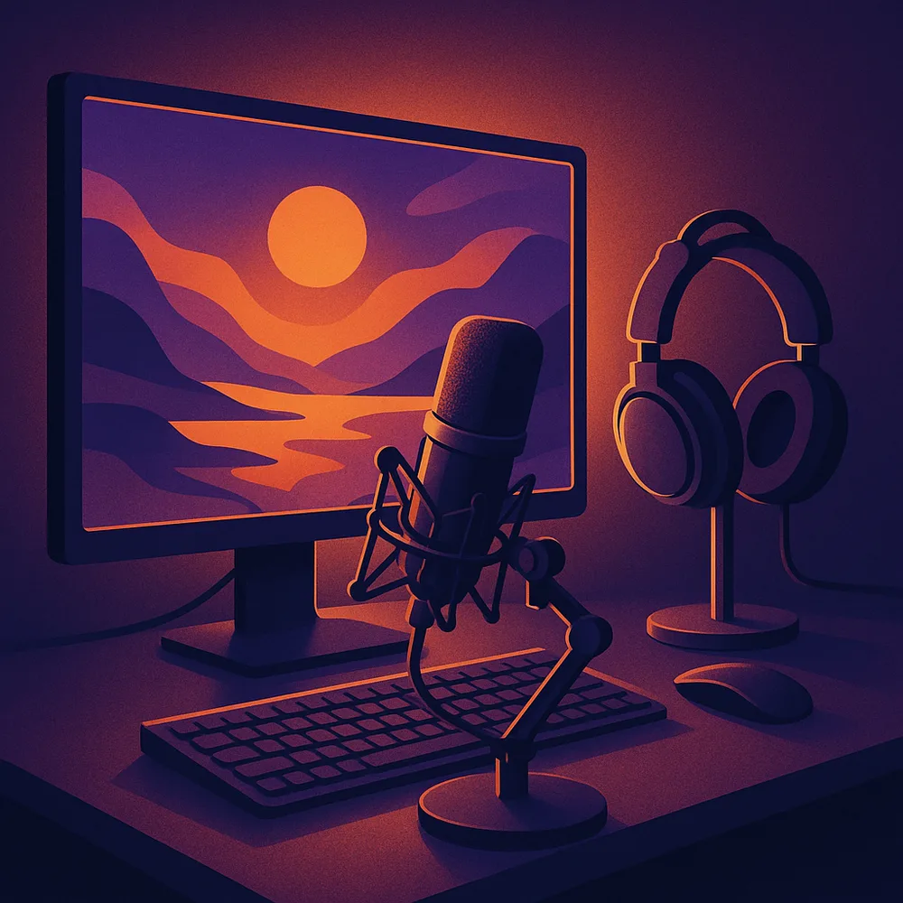A game-streaming setup lit in purple and orange