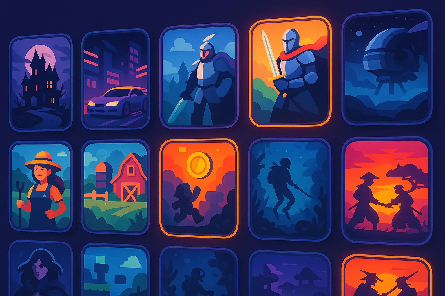 A wall of game cover art across genres, some highlighted in orange