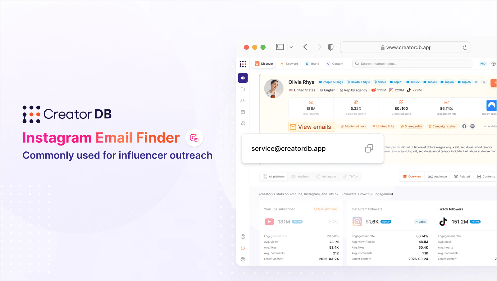 CreatorDB Instagram Email Finder showing a creator's contact email with a copy button