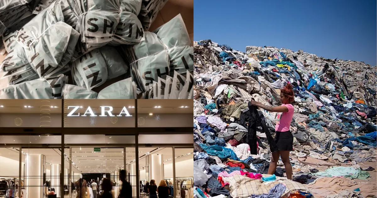 A pile of SHEIN packages and a ZARA storefront next to a landfill of discarded clothing